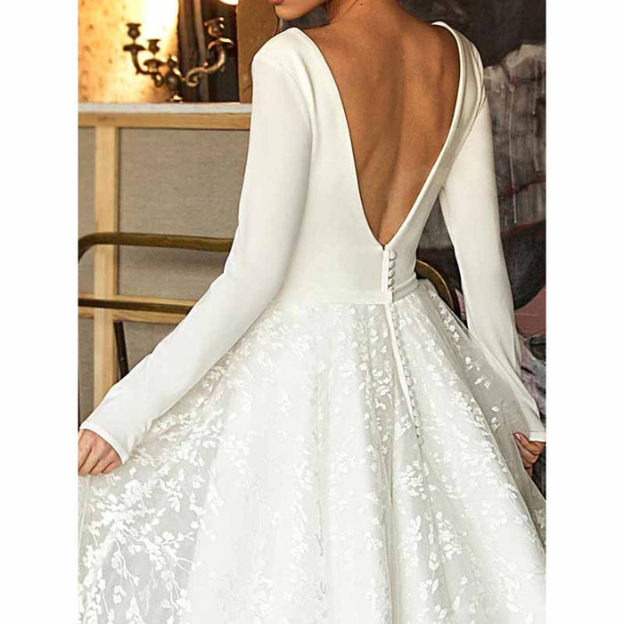 Long Sleeves A Line Wedding Dress Low Back Bridal Ball Gown V-Neck Bridal Dress
