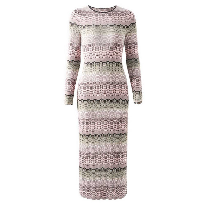 Long Sleeves Multi-Knitted Midi Dress Cut-Out Back Long Dress