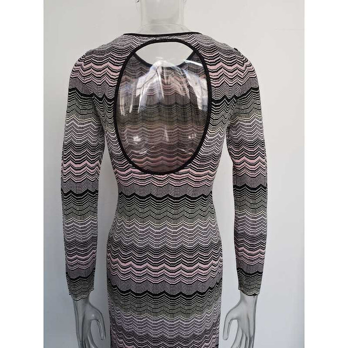 Long Sleeves Multi-Knitted Midi Dress Cut-Out Back Long Dress