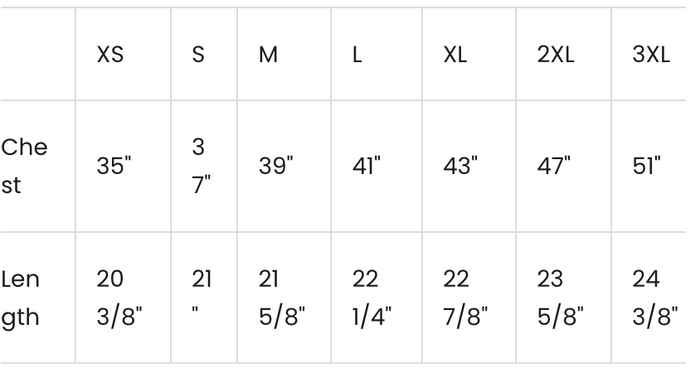A size chart table showing chest and length measurements forXS, S, M, L, XL, 2XL, and 3XL sizes.