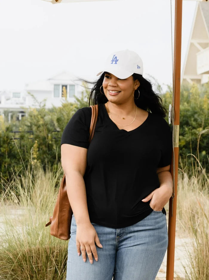 Meghan Drapey V-Neck Tee in Black - Laluxe Femme
