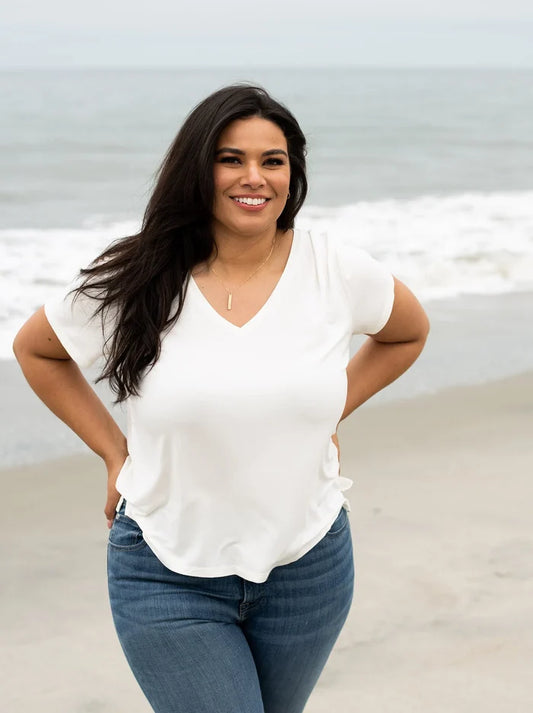 Meghan Drapey V-Neck Tee in White - Laluxe Femme