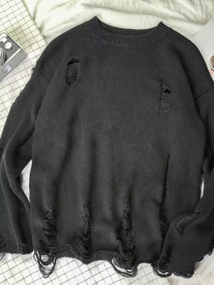Men's Distressed Round Neck Sweater