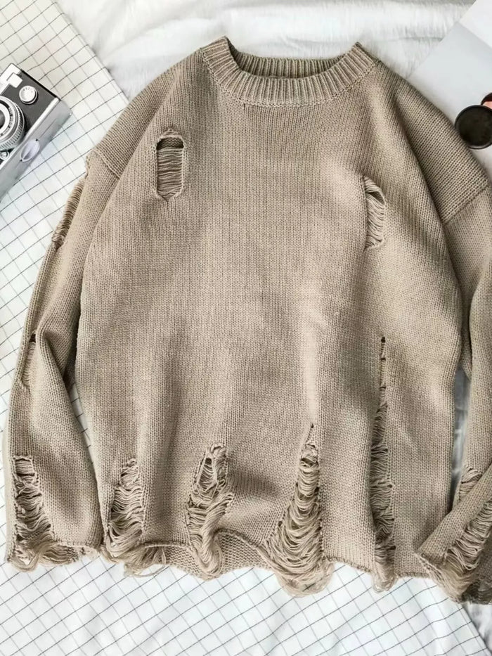 Men's Distressed Round Neck Sweater