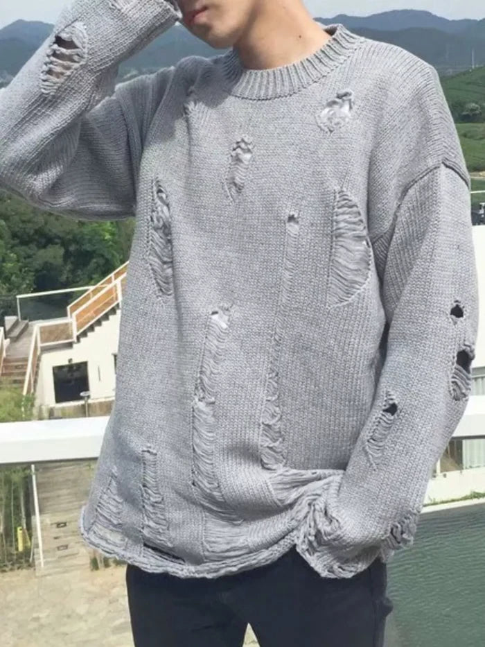 Men's Distressed Round Neck Sweater