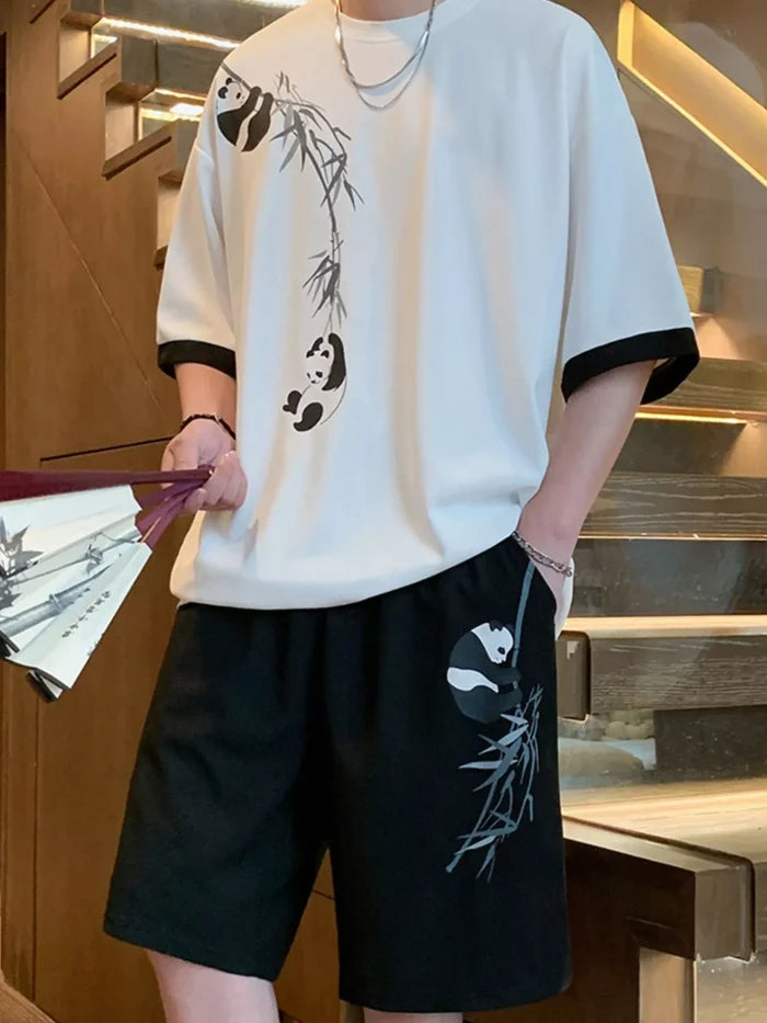 Men's Full Size Panda Bamboo Print Tee and Shorts Set Plus Size