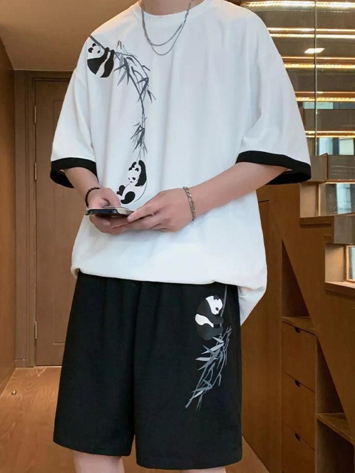 Men's Full Size Panda Bamboo Print Tee and Shorts Set Plus Size