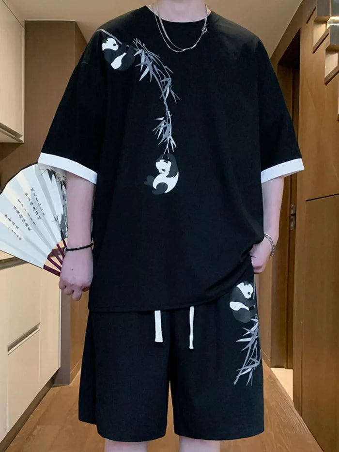 Men's Full Size Panda Bamboo Print Tee and Shorts Set Plus Size