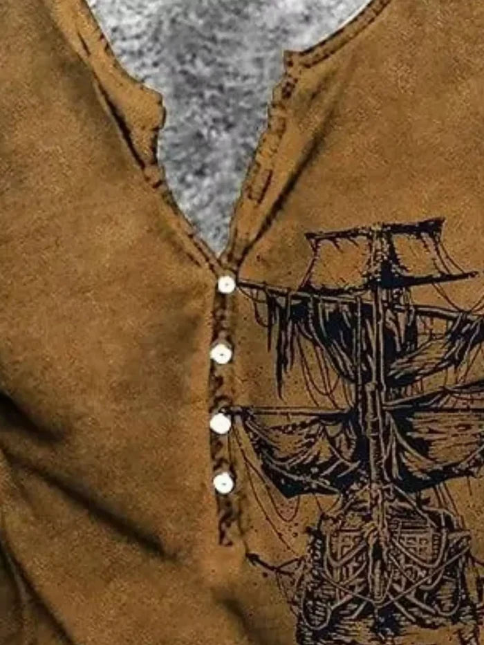 Men's Full Size Vintage Pirate Ship Skull Print Long Sleeve T-Shirt Plus Size