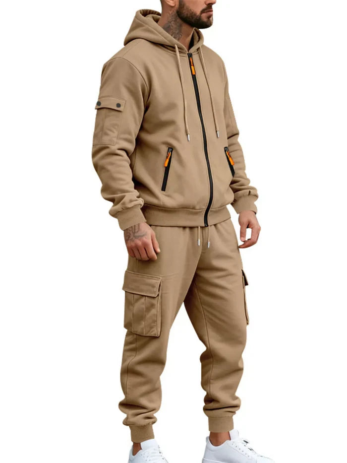 Men's Plus Size Casual Zip-Up Hoodie and Cargo Pants Set