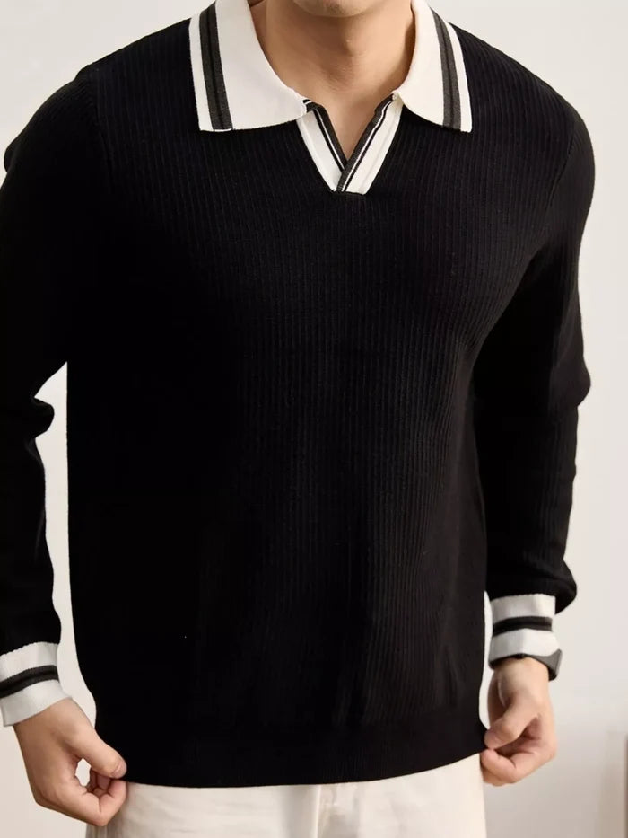Men's Plus Size Contrast Trim Polo Collar Ribbed Knit Sweater