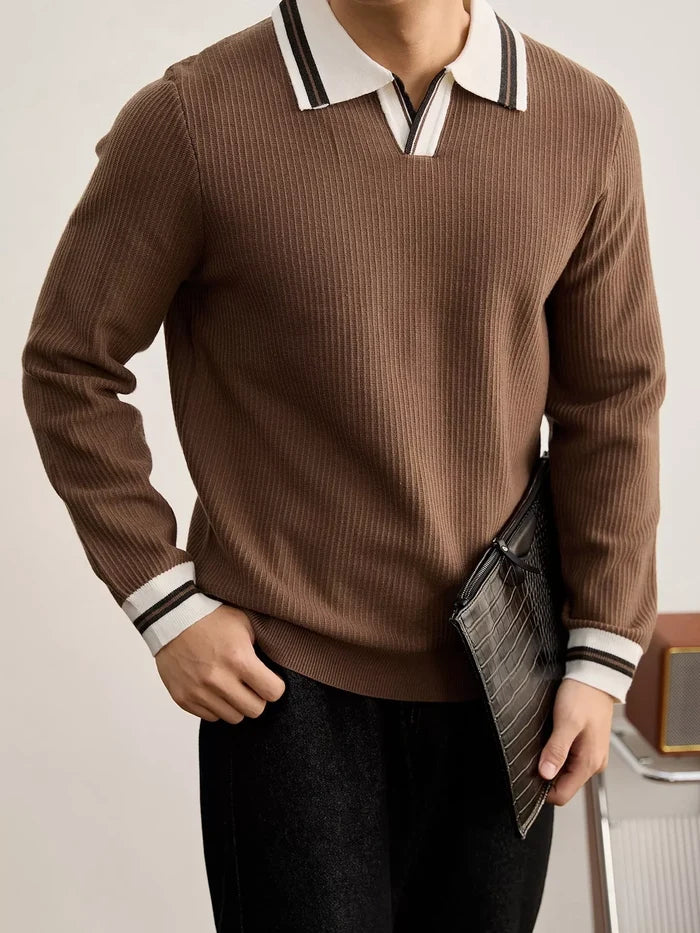 Men's Plus Size Contrast Trim Polo Collar Ribbed Knit Sweater