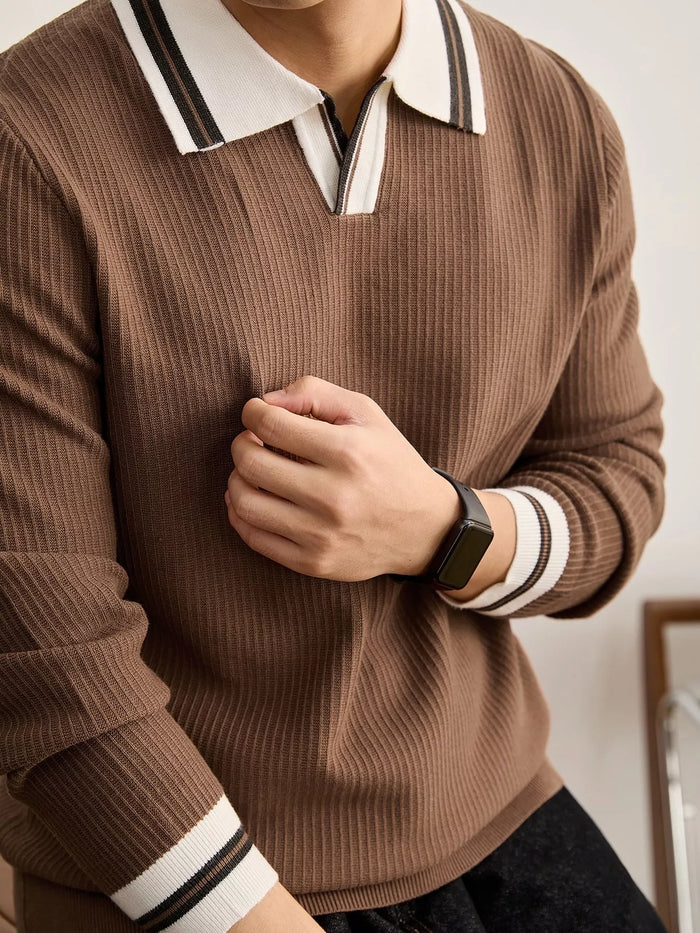 Men's Plus Size Contrast Trim Polo Collar Ribbed Knit Sweater