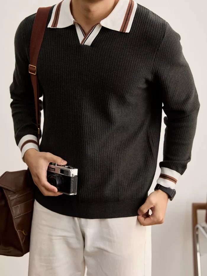 Men's Plus Size Contrast Trim Polo Collar Ribbed Knit Sweater