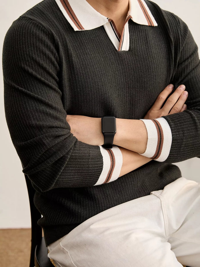 Men's Plus Size Contrast Trim Polo Collar Ribbed Knit Sweater