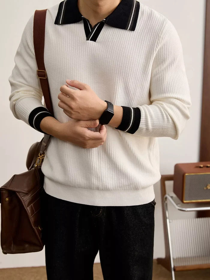 Men's Plus Size Contrast Trim Polo Collar Ribbed Knit Sweater
