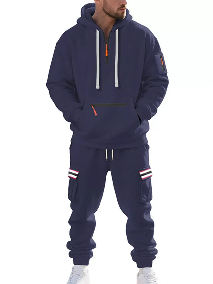 Men's Plus Size Half-Zip Hoodie & Cargo Pants Set