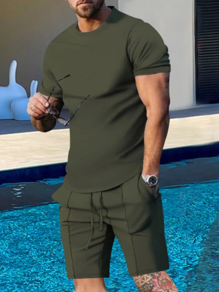 Men's Plus Size Round Neck Short Sleeve Top and Shorts Set