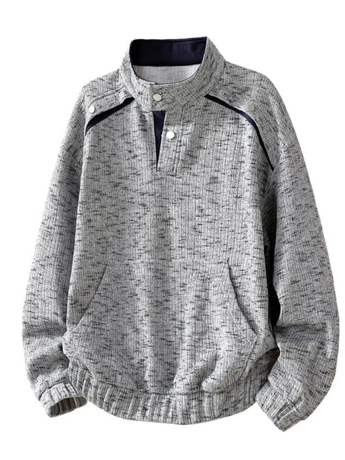 Men's Plus Size Stand Collar Textured Sweatshirt with Kangaroo Pocket