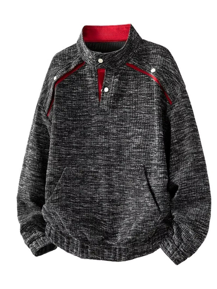 Men's Plus Size Stand Collar Textured Sweatshirt with Kangaroo Pocket