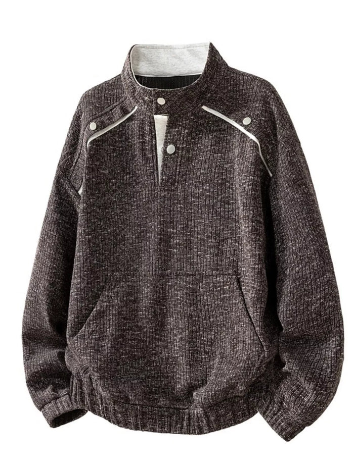 Men's Plus Size Stand Collar Textured Sweatshirt with Kangaroo Pocket