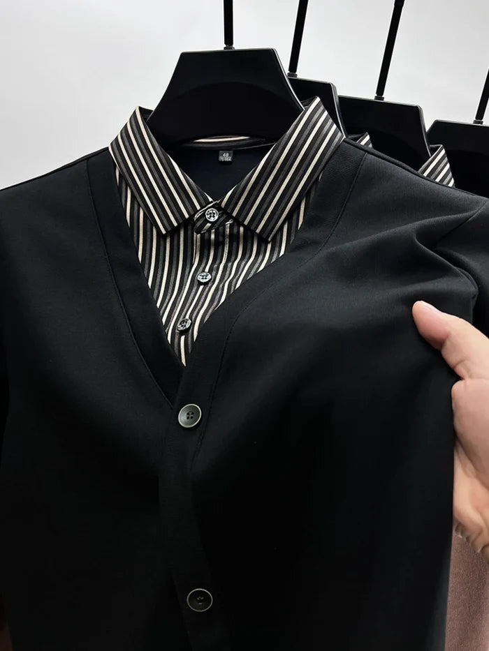 Men's Plus Size Striped Collar Detail Long Sleeve Top