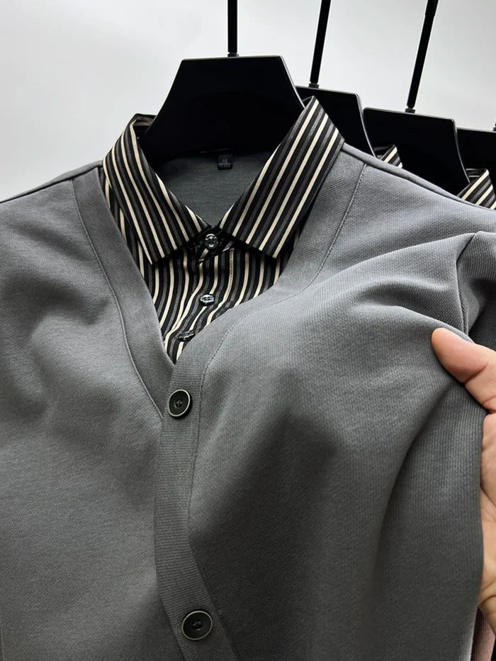 Men's Plus Size Striped Collar Detail Long Sleeve Top