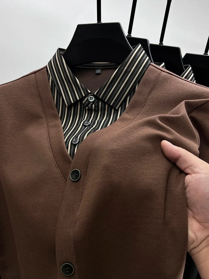 Men's Plus Size Striped Collar Detail Long Sleeve Top