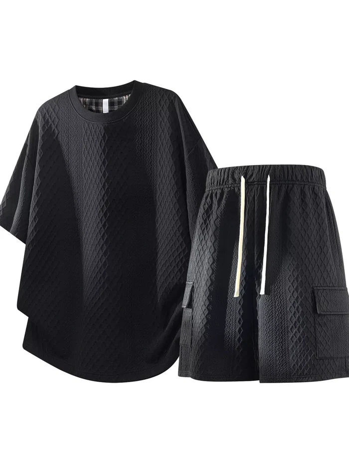 Men's Plus Size Textured Casual Top and Shorts Set
