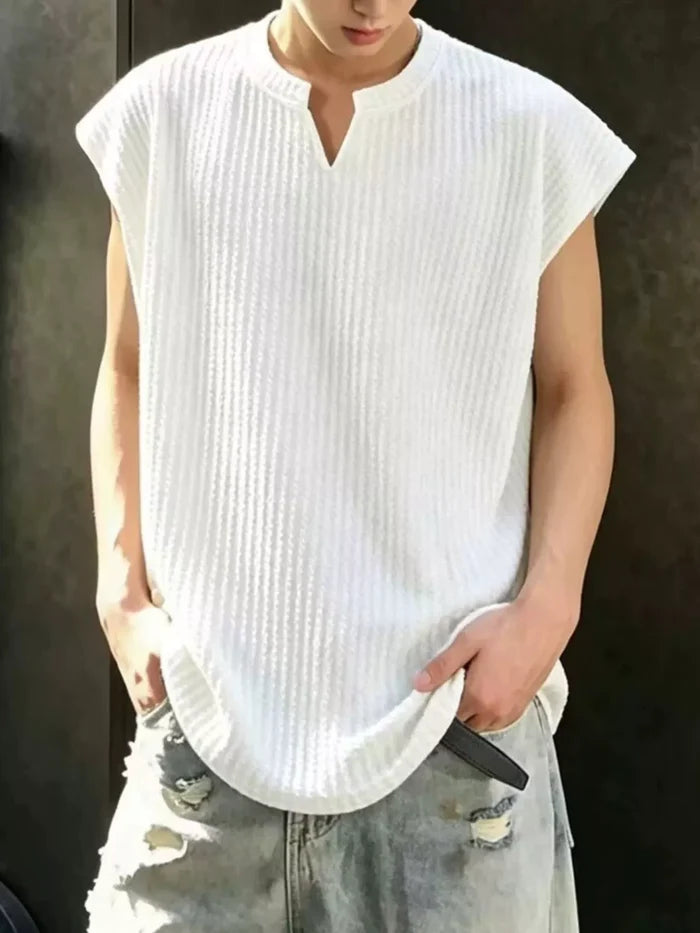 Men's Plus Size Textured Knit Notched Tank Top