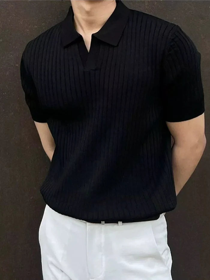 Men's Ribbed Knit Polo Shirt with Classic Collar