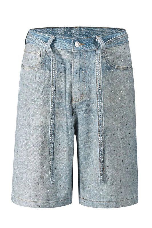 Men's Washed Rhinestone Denim Bermuda Shorts
