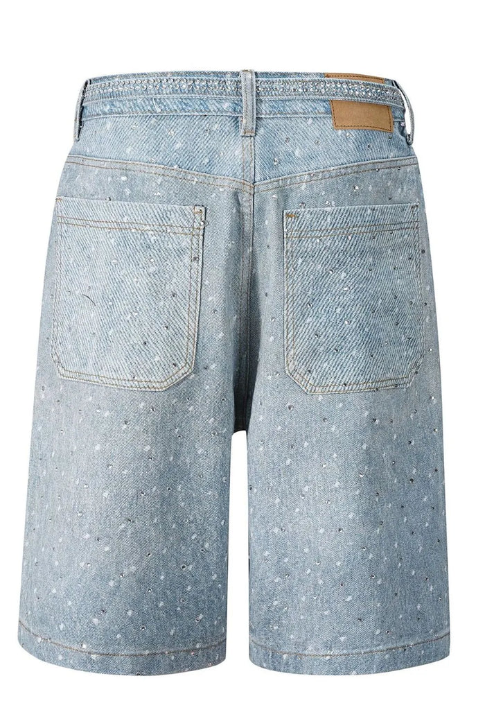 Men's Washed Rhinestone Denim Bermuda Shorts