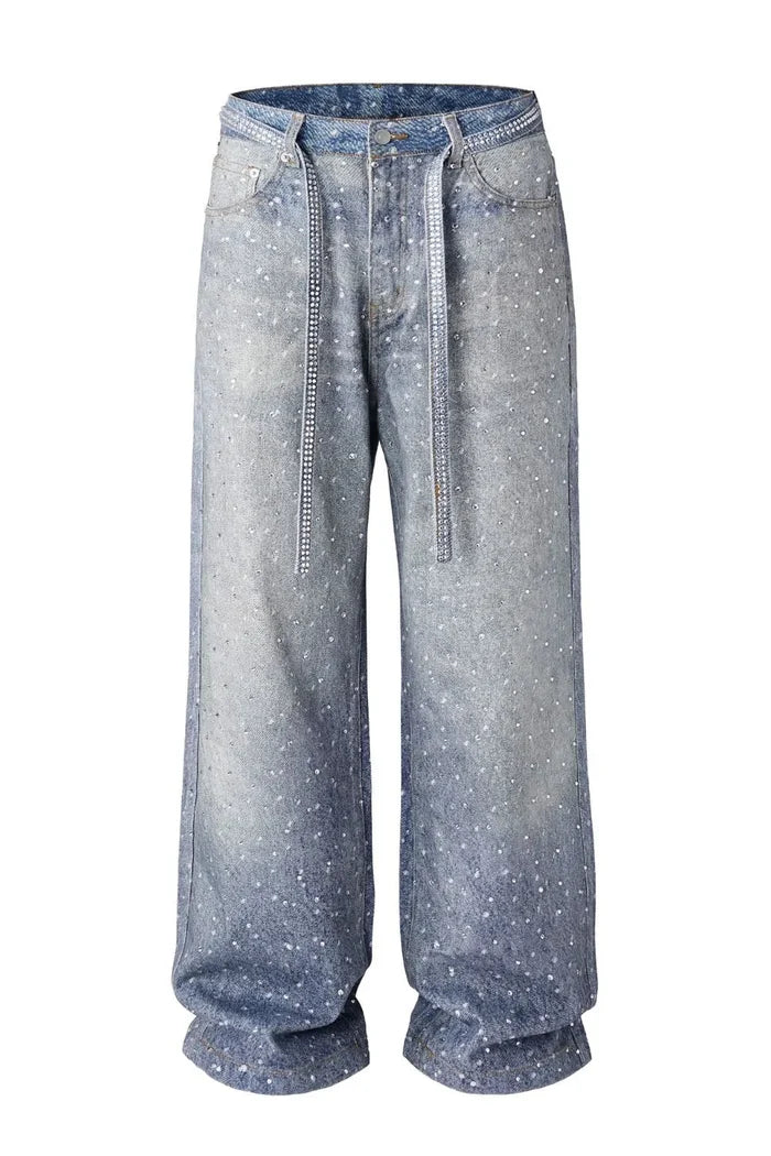 Men's Washed Rhinestone Jeans with Rhinestone Belt