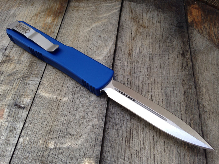 Microtech Ultratech Knife Blue D/E OTF Automatic (3.4" Stone Washed) 122-10BL - GearBarrel.com