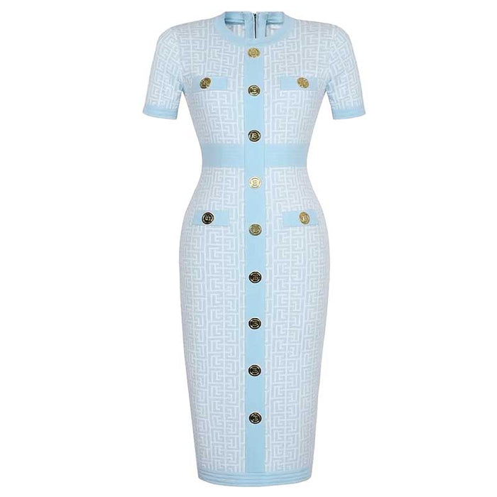 Midi Knit Dress With Pocket and Buttons Round-Neck