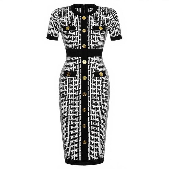 Midi Knit Dress With Pocket and Buttons Round-Neck