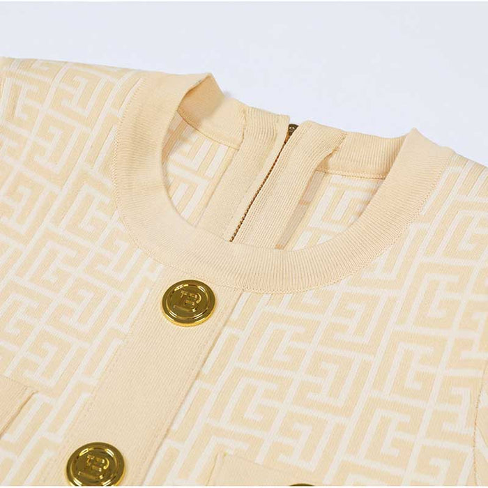 Midi Knit Dress With Pocket and Buttons Round-Neck