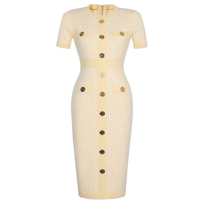 Midi Knit Dress With Pocket and Buttons Round-Neck