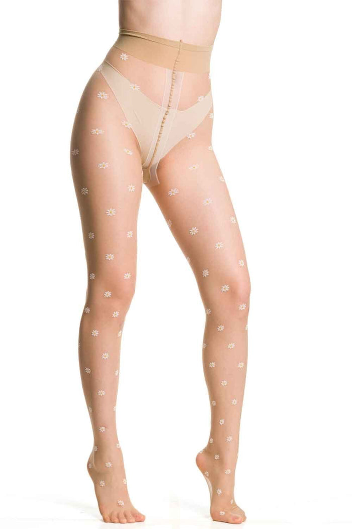 Millibar daisy tights worn by a model on a white background
