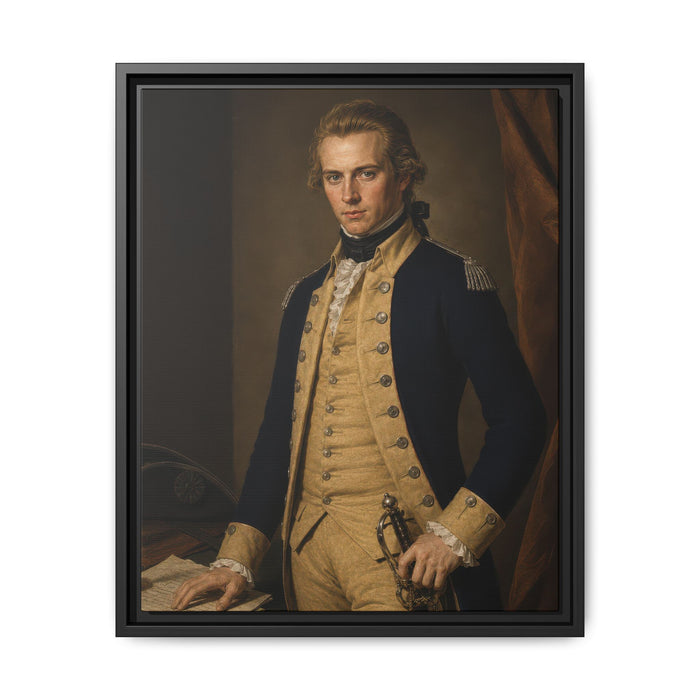 Historically inspired portrait of Lieutenant Gotthold Frederick Enslin standing beside a writing table in a Continental Army officer's uniform.