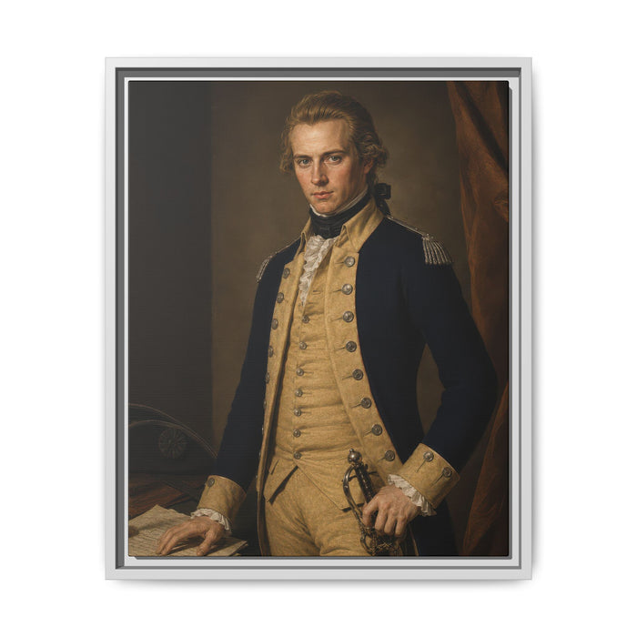 Companions of Liberty portrait depicting Lieutenant Gotthold Frederick Enslin as a Revolutionary War officer in a formal eighteenth-century studio setting.