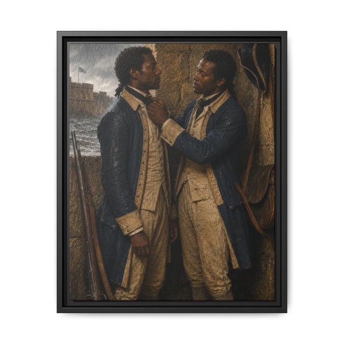 Two Black Continental Army soldiers shelter from rain inside a stone fortification during the Revolutionary War.