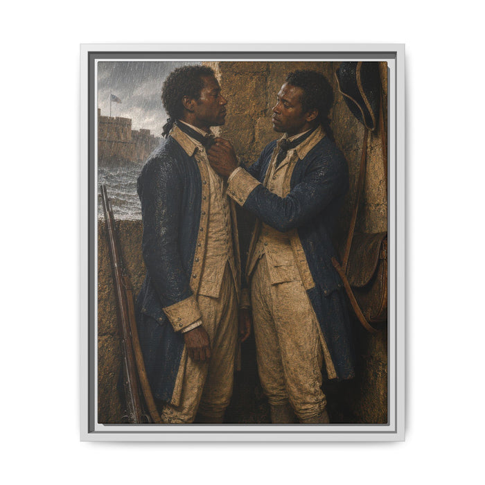 Framed matte canvas showing two African American Continental Army soldiers inside a stone sentry alcove beside a rain-soaked fort.