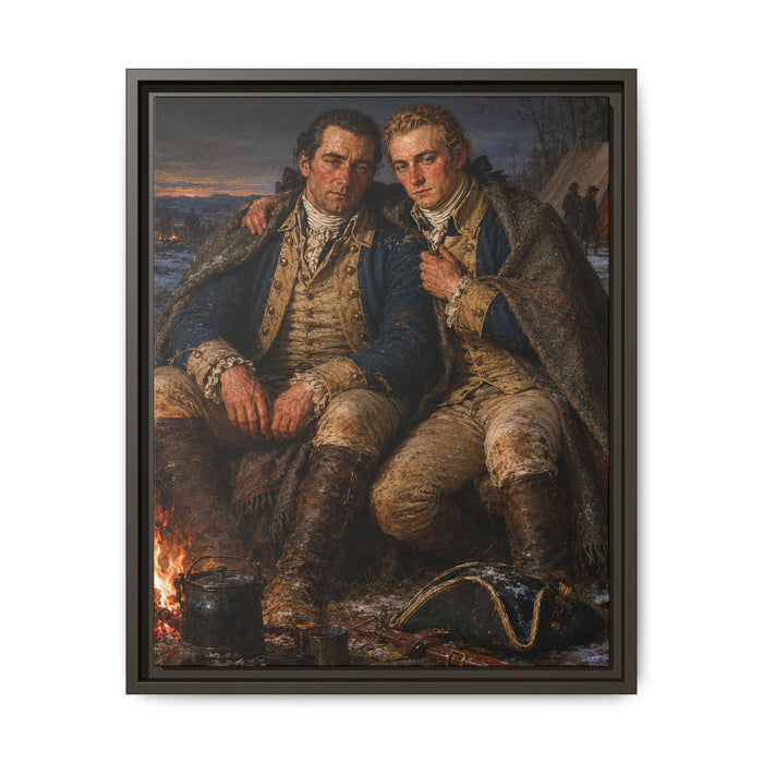 Museum-inspired Revolutionary War portrait of Continental Army soldiers resting beside a campfire during a snowy winter encampment
