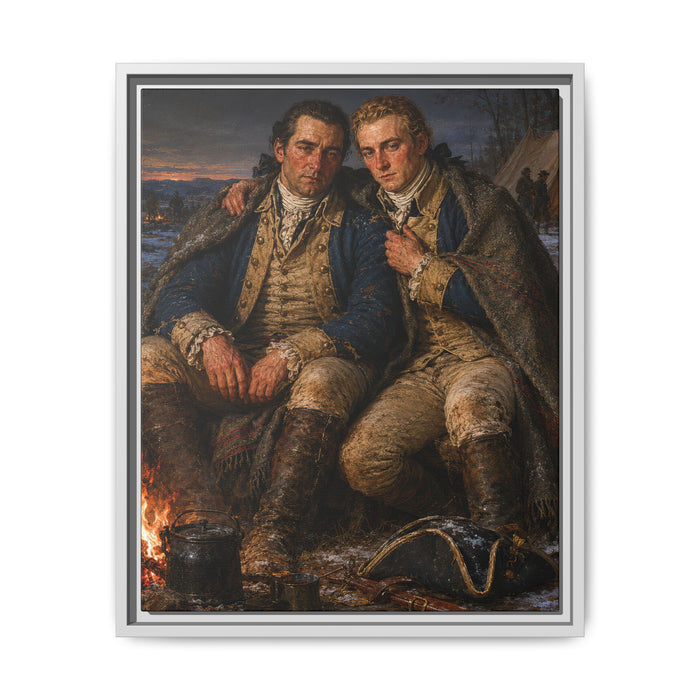 Historical framed canvas depicting Continental Army soldiers warming themselves at a winter military encampment with tents and campfires beyond