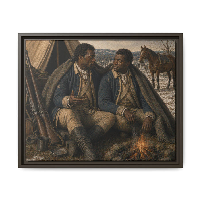 Two Black Continental Army soldiers seated beneath a shared blanket beside a winter campfire outside a military tent in a museum-inspired framed matte canvas by Walt & Pete®