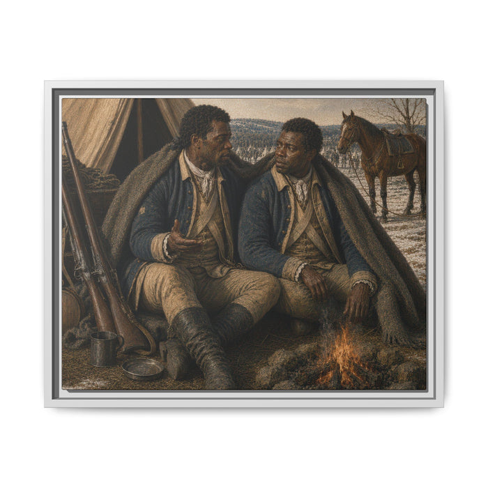 Museum-inspired Revolutionary War portrait of two Black Continental Army soldiers conversing beside a winter encampment fire with period military equipment