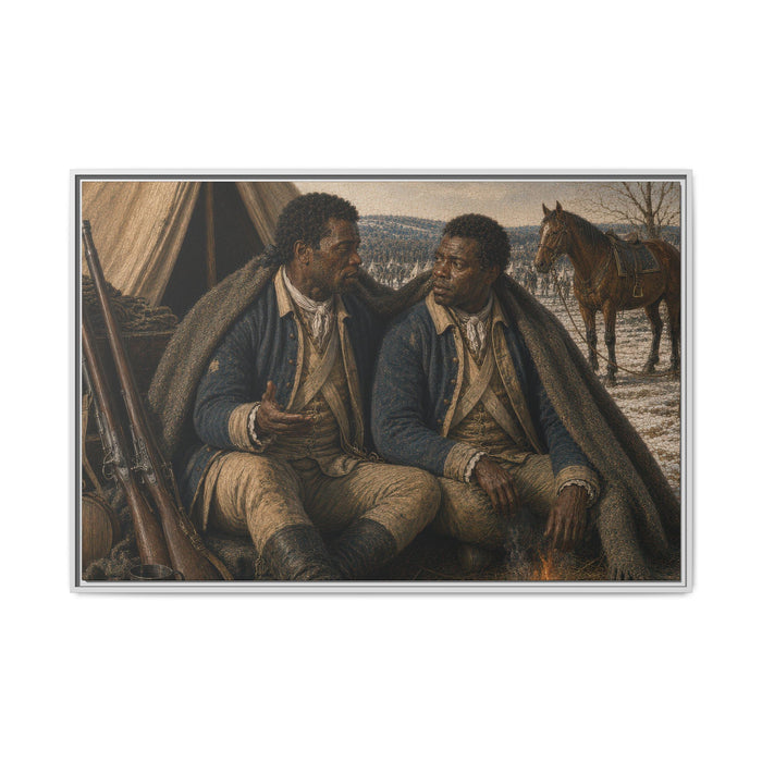 Historical framed canvas depicting Black Continental Army soldiers resting outside a canvas tent during winter quarters surrounded by authentic eighteenth-century military equipment