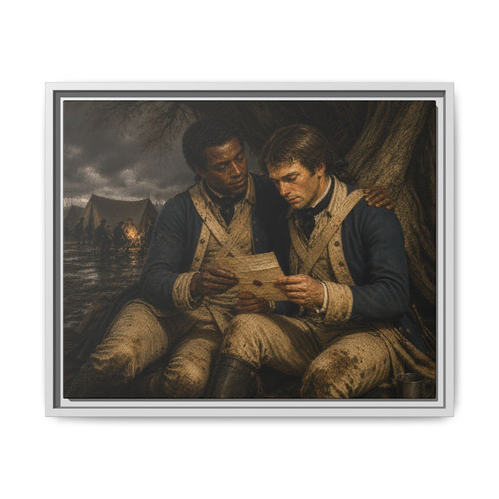 Museum-inspired portrait of two Black Continental Army soldiers reading correspondence beside a winter encampment campfire during the American Revolution